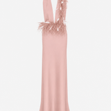Carey-V-Neck Feathered Maxi Dress in Blush Pink